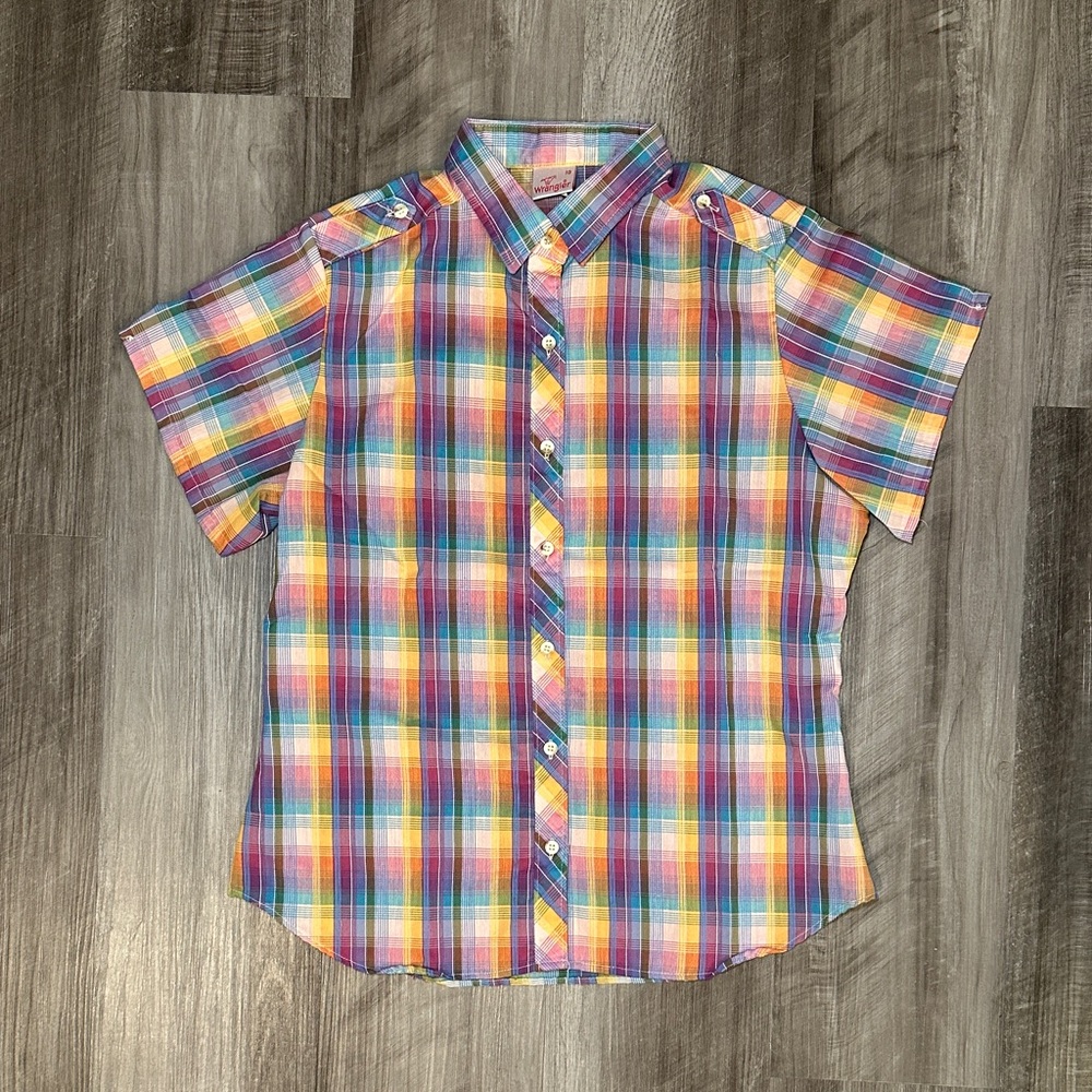 Wrangler Vintage Madras Plaid Short Sleeve Button Down – Made in USA – Size 10